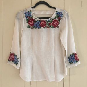 NWOT Handmade Linen Blouse with Floral Cross Stitch